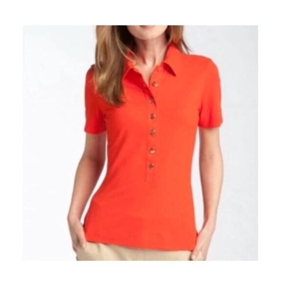 Tory Burch Orange Red Polo Shirt with Gold Logo Buttons Size S - Picture 1 of 7